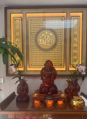 实木佛堂装饰画招财进宝佛字福寿挂画中堂客厅家用供桌背景画带灯