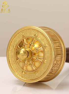 铜手摇六字真言转金筒藏族转简经转金轮藏式转金桶手持转转轮摆件