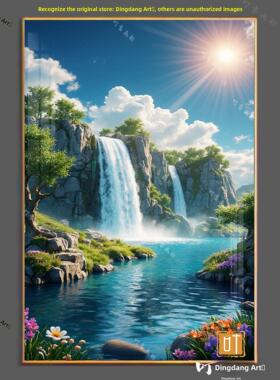 瀑布山水画客厅入口装饰画走廊过道平面水晶瓷铝合金框画