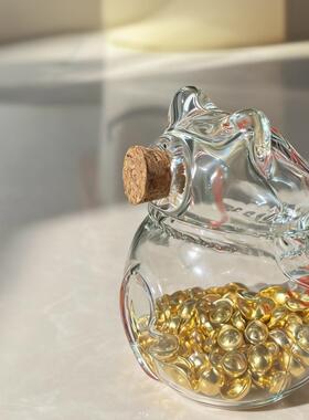 硼硅玻豆璃金豆收纳招财猫手创工意存创意礼物钱小金豆子.