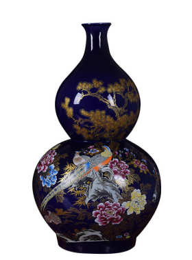 陶瓷落地大花瓶蓝色花鸟葫芦瓶陶瓷葫芦室内家居玄关装饰品摆件