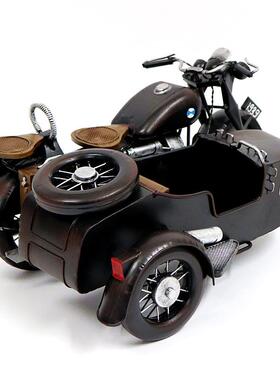 铁艺复古偏三轮摩托车模型摆件挎斗车摩托车酒吧餐厅商场装饰道具