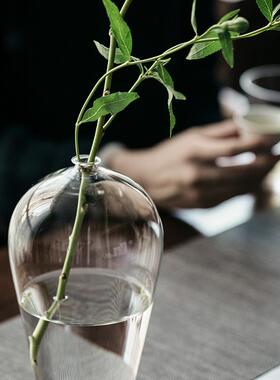 正品日式禅意玻客璃花梅瓶简约现代透明瓶插花皿厅搭配桌面摆器件