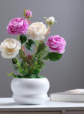 仿真花牡丹花盆景摆件办公室客厅桌面室内绢花盆栽餐桌花装饰假花
