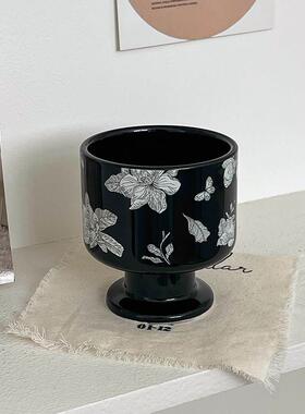 枝悟 山茶花高脚杯 中古杯子家居摆饰陶瓷甜品咖啡水杯饰品收纳盘