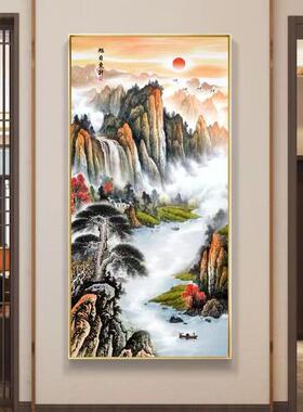 迎客松入户玄关装饰画走廊过道挂画山水画竖版高级感大气客厅挂画