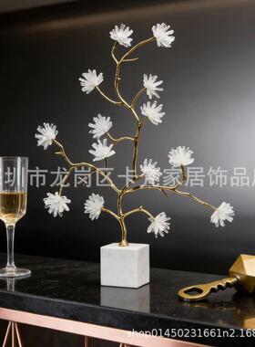 高级感玄关柜装饰摆件轻奢黄铜水晶树入户玄关柜客厅软装饰品