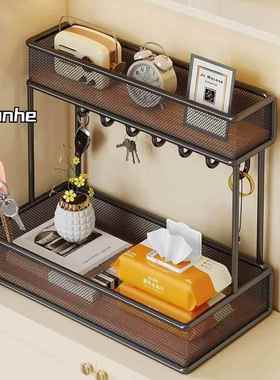 装饰摆件入户玄关桌面钥匙收纳盒家用双层带挂钩多功能铁艺置物架