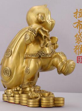 黄铜猴子摆件金猴送福家居装饰品摆件 铜拉布袋猴摆件开业铜工艺