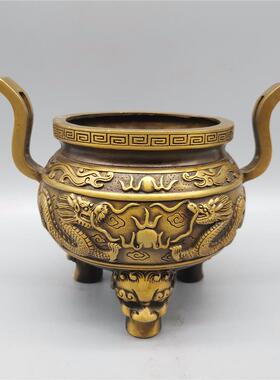 仿古黄铜香炉 黄铜弯耳龙纹香炉二龙戏珠香炉摆件