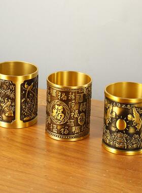 黄铜筒办公室笔桌面161筒收件纳装饰摆百福笔筒梅笔兰竹菊大展宏