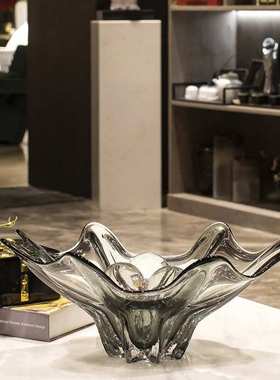 现代轻奢玻璃大果盘设计师客厅茶几摆件样板间软装桌面收纳托盘
