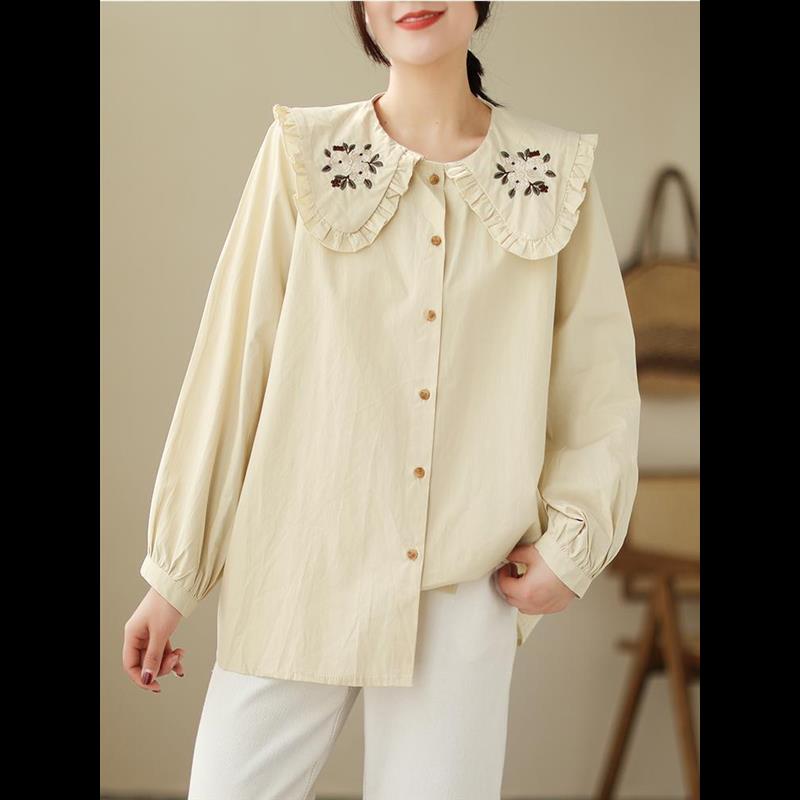 2025新款韩版大码女装胖mm300斤森系娃娃领绣花长袖衬衫女春秋季 - 图1