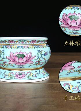 珐瑯彩莲花香炉陶瓷供佛家用敬神佛前贡奉观音佛堂佛具插线香青色