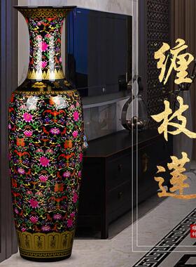景德镇陶瓷器缠枝莲落地大花瓶红黄黑彩满花客厅玄关古典祝寿摆件