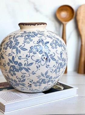 法式覆古陶瓷花瓶青花瓷水培鲜花插花客厅桌面装饰摆饰高级圆形蓝