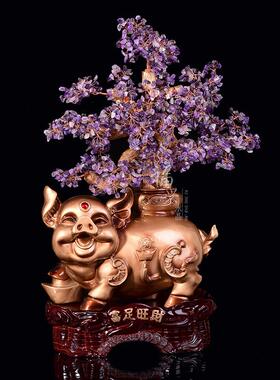 天然黄水晶新年招财金猪摆件摇钱树发财树客厅玄关装饰品店铺开业