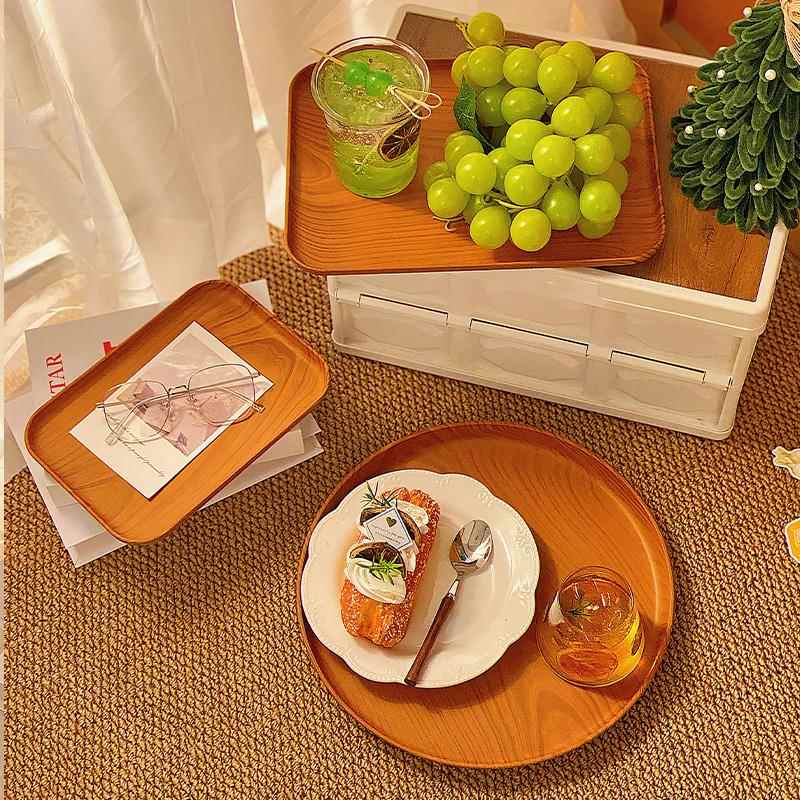 简约彷木纹圆形托盘餐盘家用甜品咖啡蛋糕寿司多功能收纳盘摆盘 - 图1