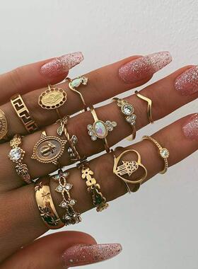 finger rings wome 15pcs set复古金币十字架花纹镶钻戒指15件套