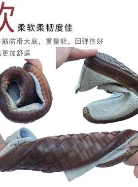 夏季男鞋镂空透气老北京布鞋牛筋底亚麻布面软底舒适一脚蹬豆豆鞋