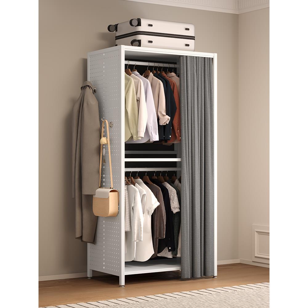 Perforated board wardrobe home bedroom simple dustproof cloth metal wardrobe iron hanger thickened floor-standing hanging wardrobe