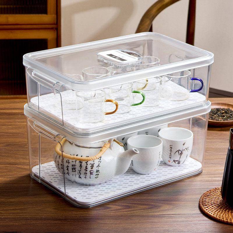 Drainage storage box, tea set, transparent wine cup, dust-proof with lid, kung fu tea cup, cup storage artifact storage