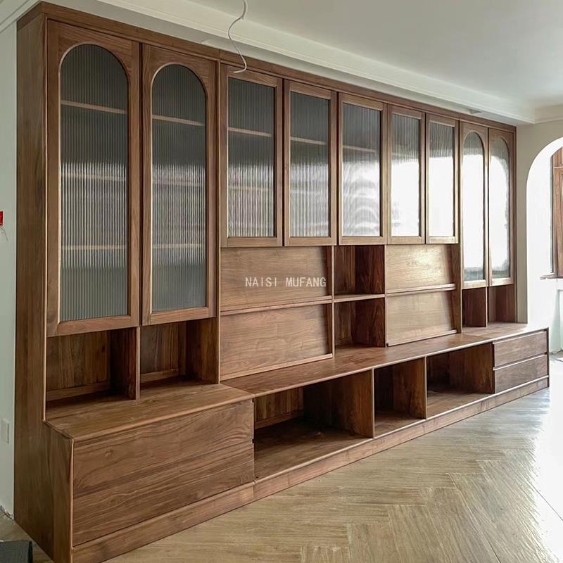 北美全实木满墙书柜定制黑胡桃原木客厅图书馆樱桃木橡木卡座书柜 - 图2