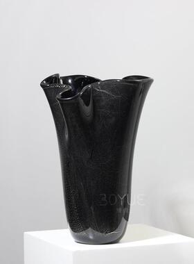 中古风简约轻奢银箔花瓣口百财琉璃花瓶酒店会所软装花艺装饰摆件