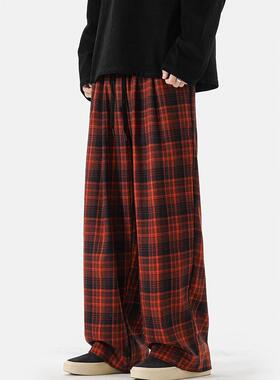 Women's Plaid Print Drawstring Waist Wide Leg Pants