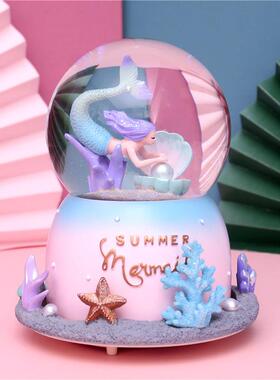 装饰礼品摆件创意浪漫美人鱼声控水晶球旋转飘雪花卡通音乐盒