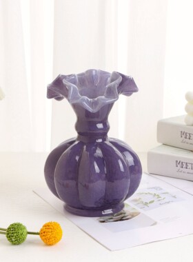 中古风复古手工紫色芬顿花瓶彩色法式南瓜花瓶客厅插花装饰花器
