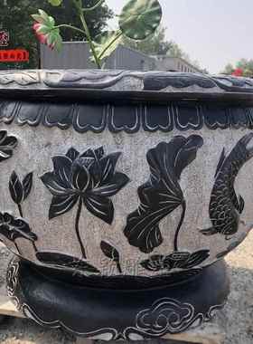 仿古青石石雕鱼缸花盆荷花水缸室外养鱼池装饰摆件大型天然圆形槽