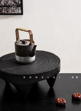 侘寂风碳化木托 托盘中古风法式圆形茶盘小茶台果盘飘窗边几装饰