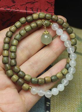 2026绿檀桶珠6mm白色玉石珠双圈手串手链 文玩饰品佛珠念珠