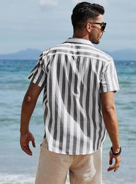 K 13002 Men's striped lapel loose short cardigan 士条纹翻