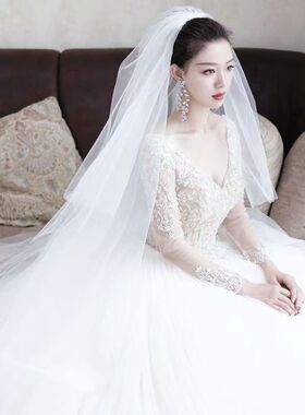 复古韩国拍照头纱长款高清软纱白色婚纱摄影单层新娘轻薄舞蹈素纱
