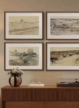 素描梵高丰收美式复古客厅餐厅装饰画法式小众艺术中古风玄关挂画