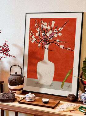 国新中画入户玄关挂al202412竖版简约餐厅中风装饰柜上摆画花卉壁
