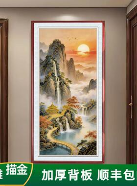 高山流水生财浮雕描金装饰画玄关挂画入户画走廊过道入户画山水画