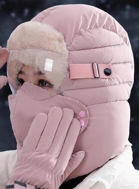 零下40东北哈尔滨加绒加厚保暖女冬帽围脖手套三件套眼镜雷锋帽男