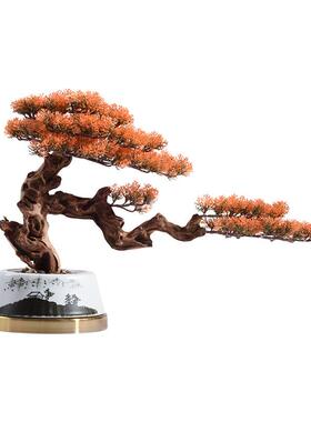 新中式售楼处酒店大堂楼梯口装置艺术装饰玄关红叶迎客松盆景摆件