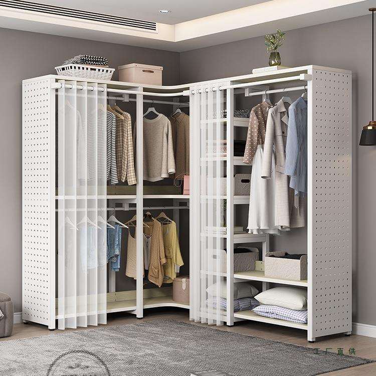 Multifunctional metal corner coat rack with dust-proof curtain wardrobe floor-to-ceiling hole plate hanging coat rack integrated bedroom home
