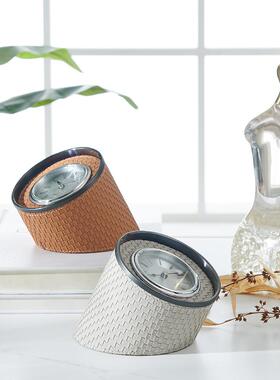 轻奢编织纹皮革钟表座客厅简DS-NZ97视约钟创电意柜摆件时钟静音