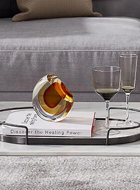 高端皮质金属半圆把手托盘客厅茶几样板房桌面装饰品差距收纳摆件