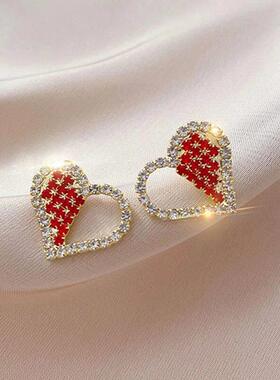 Christmas Red Zircon Crystal Bow Stud Earrings For Women Hea