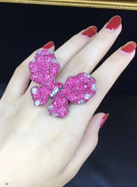玫红色锆石蝴蝶戒指喜庆可调节