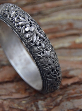 古典花纹立体烧蓝纯银手镯定制