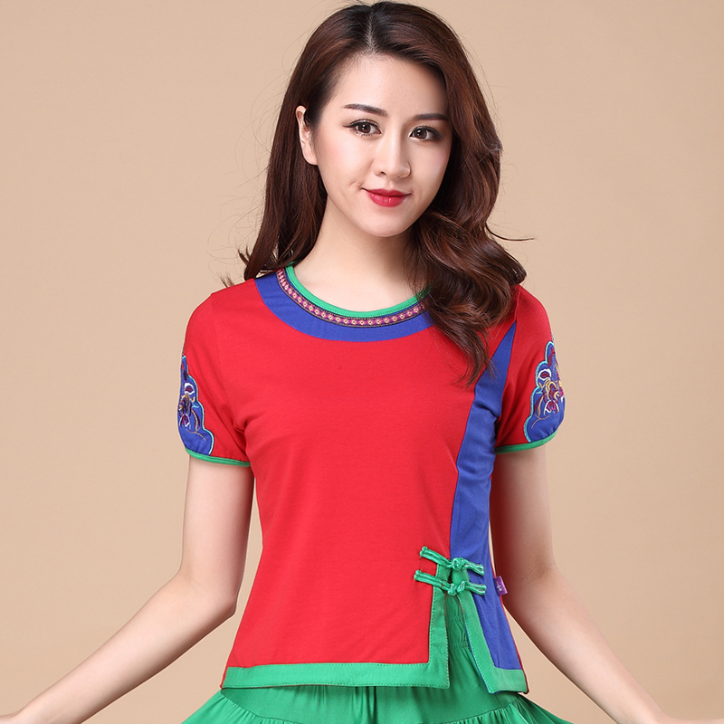2019春秋冬新款短袖廣場舞服裝上衣格格王梅楊藝刺繡舞蹈服加大