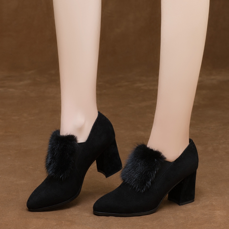 貂毛高跟鞋2025新款秋冬季磨砂粗跟深口单鞋毛毛鞋加绒女鞋真皮鞋,淘宝优惠券,粉丝福利购,淘宝优惠卷