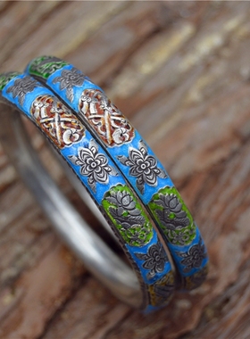 原创民族风古法纯手工暗八仙道家八宝空心烧蓝足银国风手镯环定制